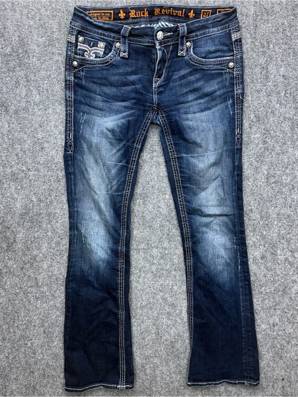 Rock Revival Maggie Boot Jeans Women’s Size 27 Distressed Dark Wash Flap Pocket